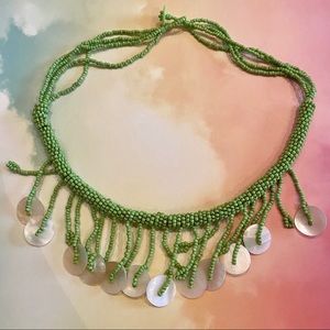 Unique Green Beaded Necklace with Pearl Disks